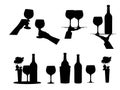 Wine. Set different options bottles wine and glass in hand. Black silhouette